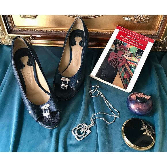 Chloe Shoes - Vintage Chloé peep toe heels in navy leather with padlocks, size 7 1/2